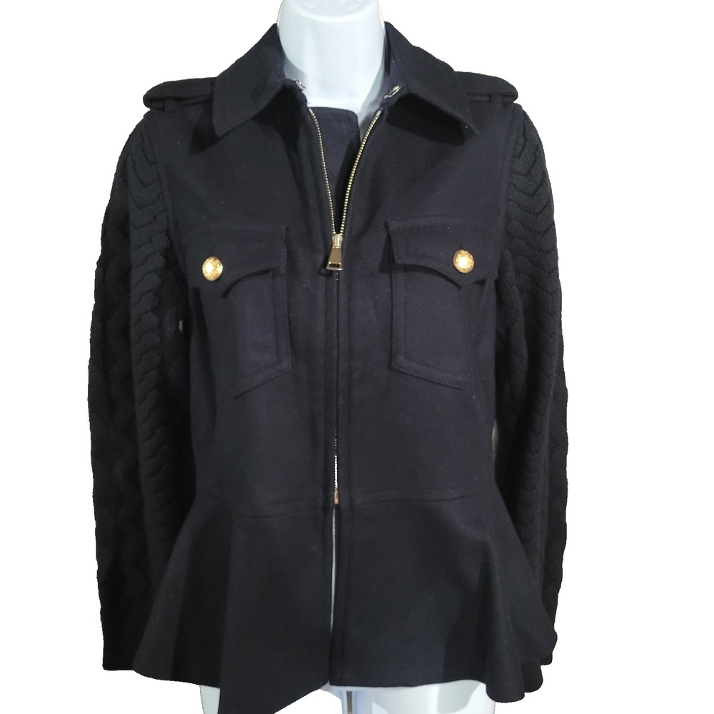 Lands End Canvas Military Jacket Sz 6 Navy Blue Wool Cashmere Blend Knit Sleeves
